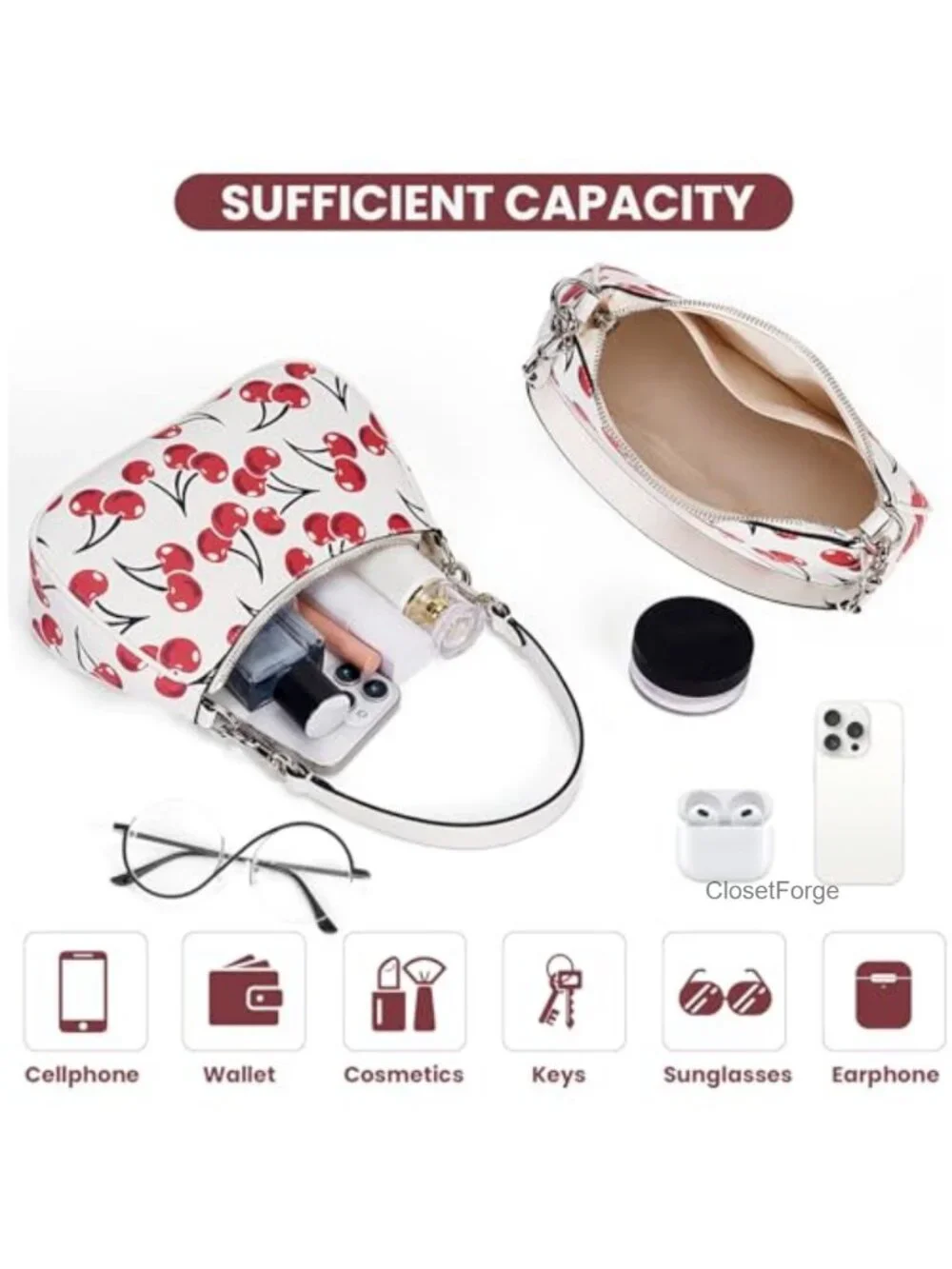 Faux Leather Cherry Fruit Print Hobo Crossbody Bag with Adjustable Straps